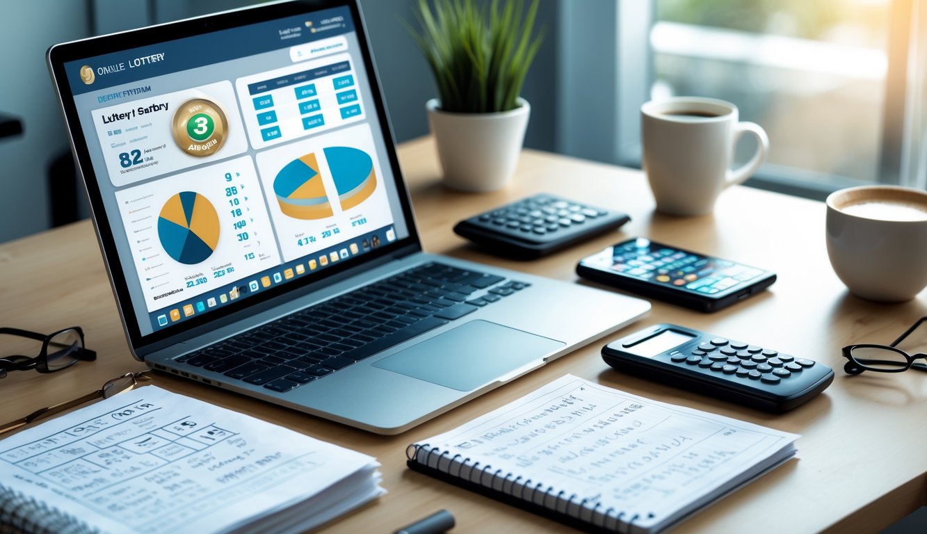 Meja kerja dengan laptop, smartphone, catatan, dan alat tulis yang menunjukkan aktivitas prediksi togel dan pengelolaan modal.
