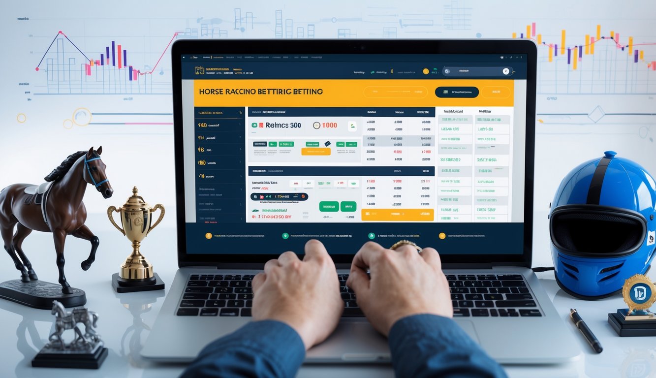 Seseorang menggunakan laptop dengan tampilan situs taruhan balap kuda online, di meja terdapat figur kuda dan trofi balap.