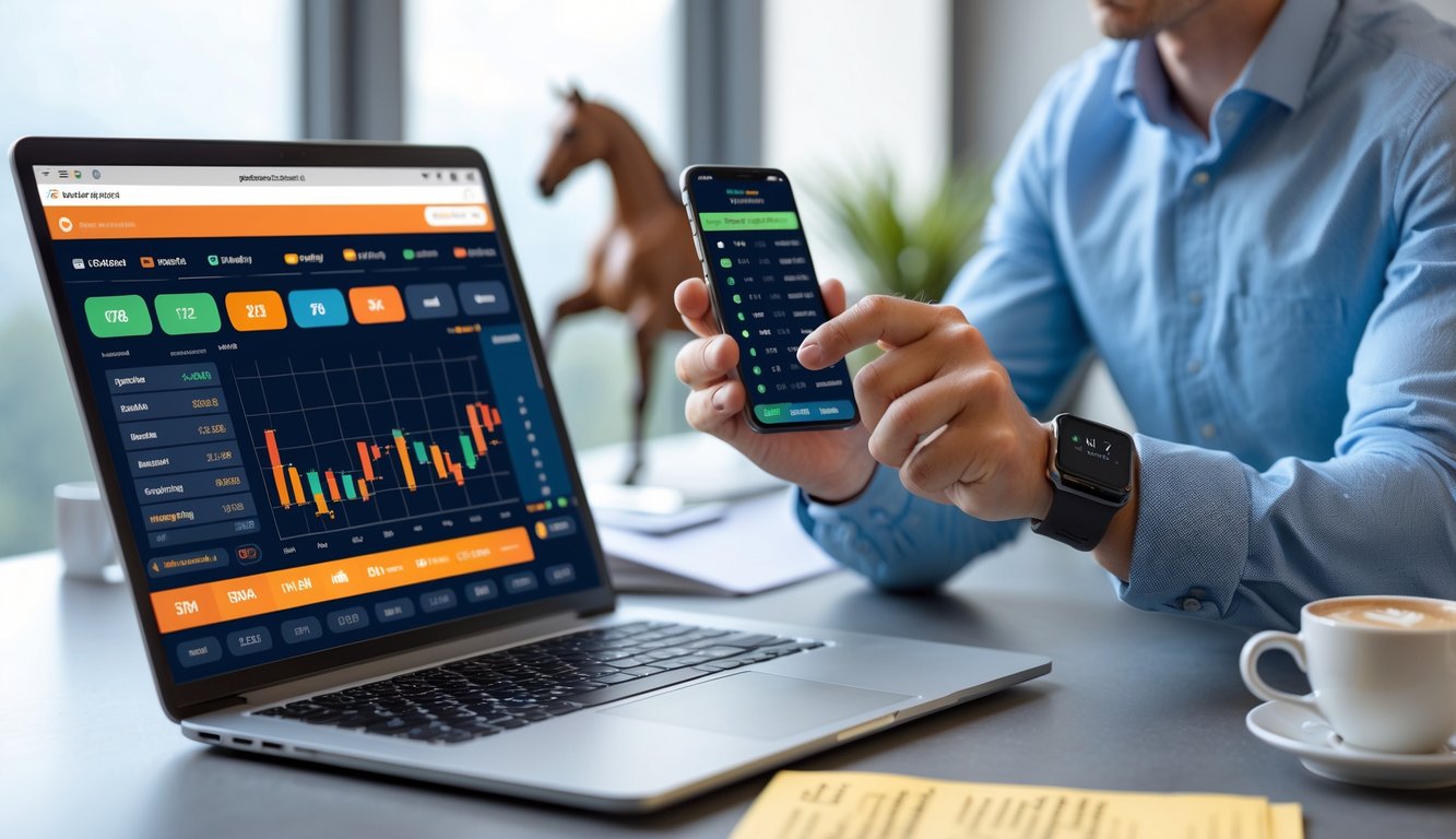 Seorang pria sedang menggunakan laptop dan ponsel untuk memasang taruhan balap kuda online di ruang kerja yang terang.