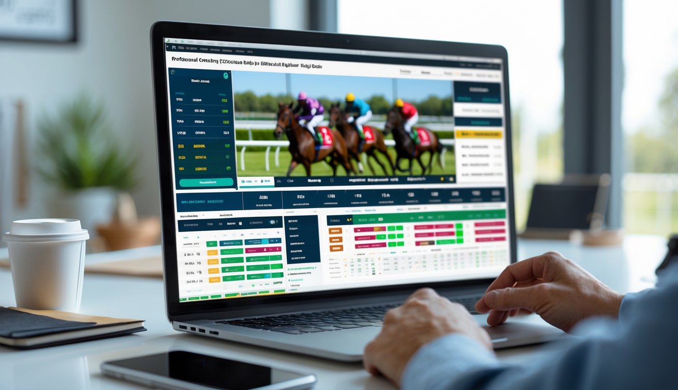Seseorang menggunakan komputer dengan layar menampilkan balap kuda online dan data taruhan di meja kerja yang rapi.