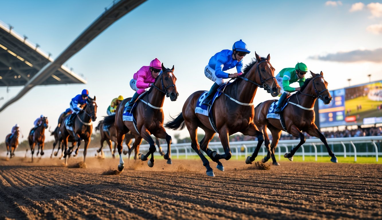 Lomba kuda sedang berlangsung di lintasan dengan joki yang berkonsentrasi dan penonton di latar belakang.