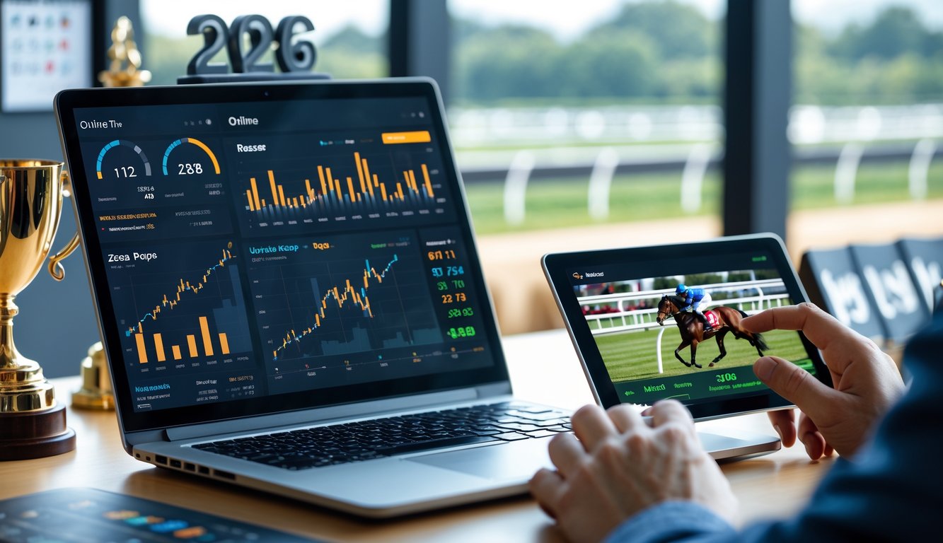 Seorang profesional menggunakan laptop dan tablet untuk menganalisis data dan memprediksi balap kuda secara online di ruang kerja modern.