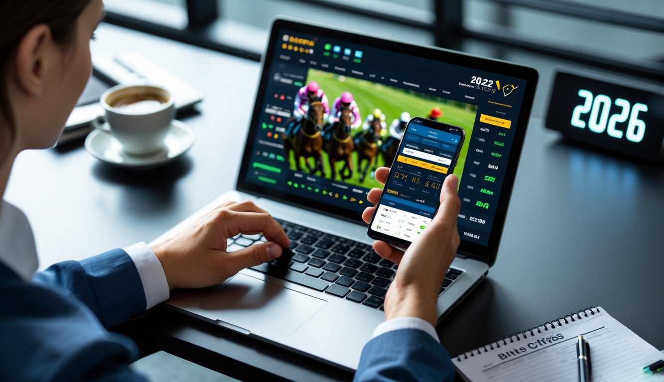 Seseorang sedang menggunakan laptop dan ponsel untuk bertaruh pada balap kuda secara online di meja kerja modern.