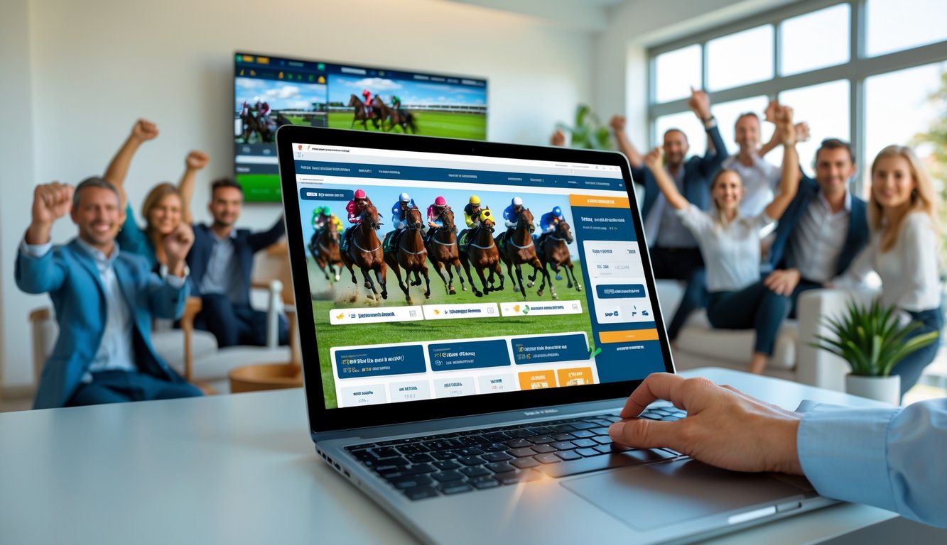 Orang-orang sedang merayakan dan menonton perlombaan kuda secara online di sebuah ruangan modern dengan laptop dan layar besar.