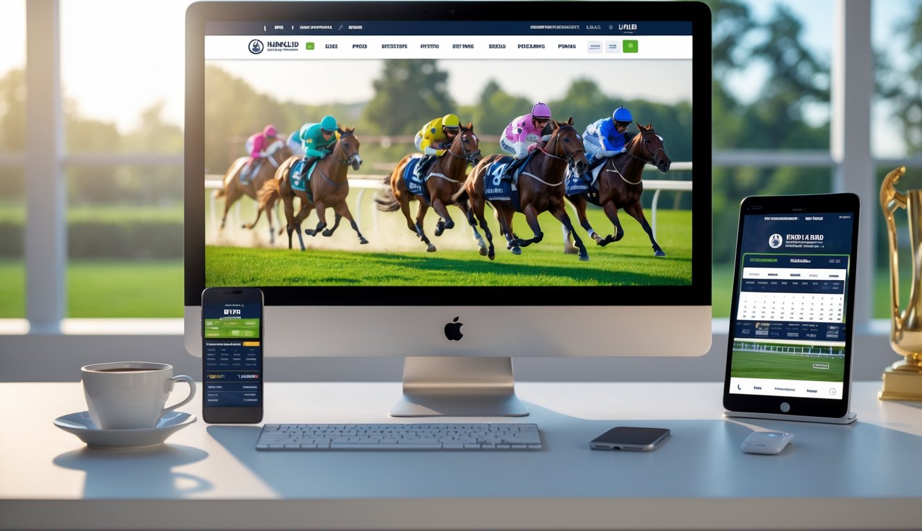 Seorang pengguna di depan komputer dengan layar menampilkan balap kuda online, di meja terdapat ponsel dan cangkir kopi.