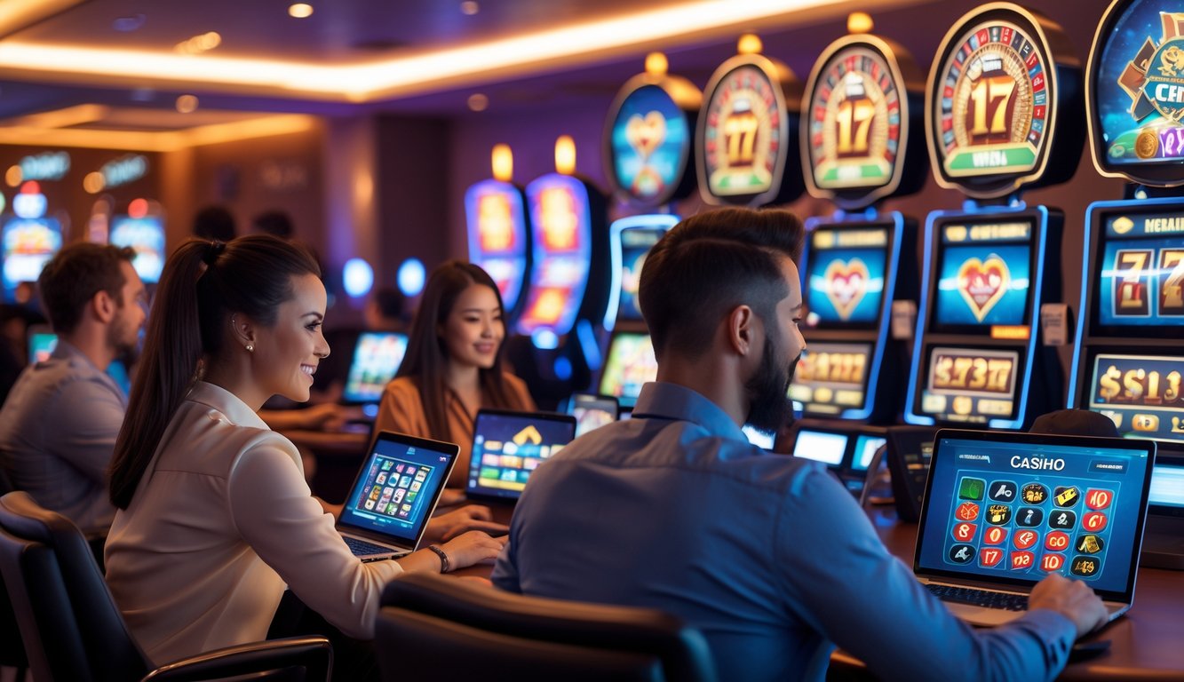 Sekelompok orang bermain permainan kasino online menggunakan laptop dan ponsel di ruangan yang nyaman dan terang.