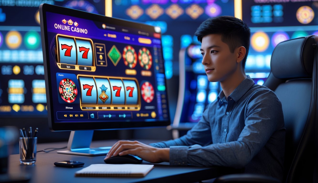 Seorang pemula duduk di depan komputer dengan layar menampilkan permainan kasino online, terlihat fokus dan siap bermain.