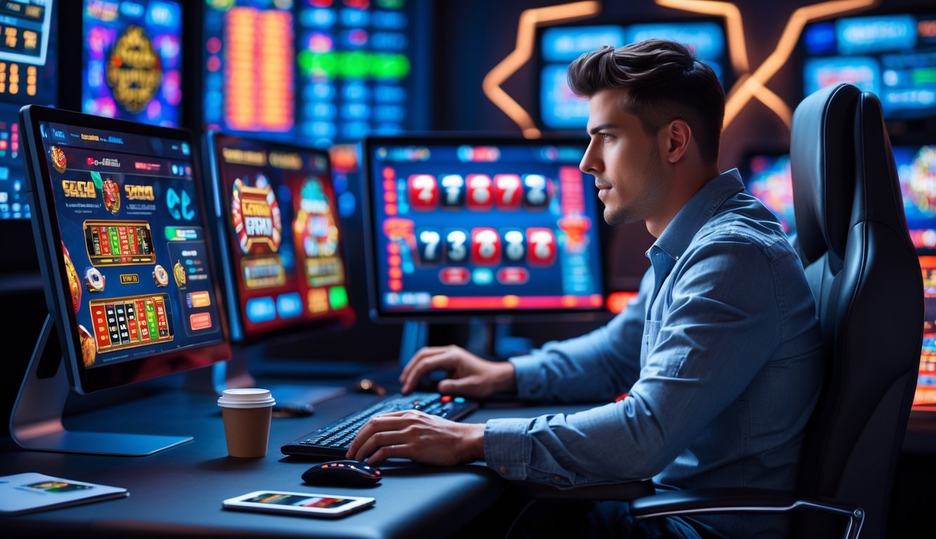 Seorang pria muda duduk di depan beberapa layar komputer yang menampilkan permainan kasino online, tampak fokus dan serius bermain.