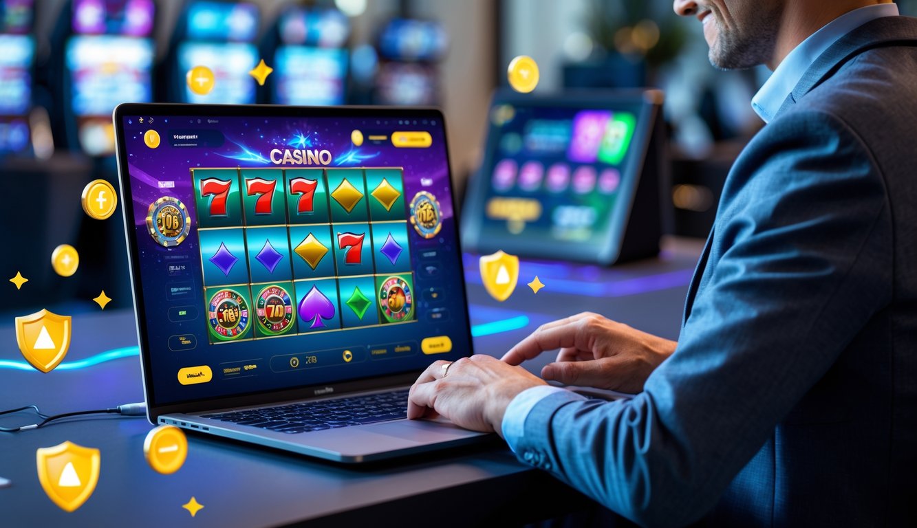 Seseorang menggunakan komputer dengan tampilan permainan kasino online yang berwarna-warni dan ikon keamanan serta bonus di sekitarnya.
