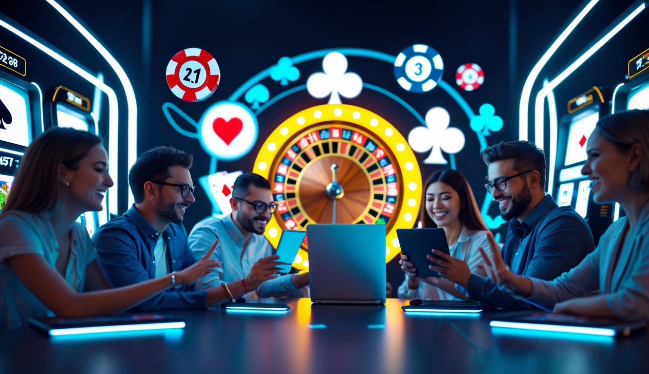 Orang-orang sedang menggunakan perangkat digital untuk bermain permainan kasino online dengan latar belakang elemen kasino modern.