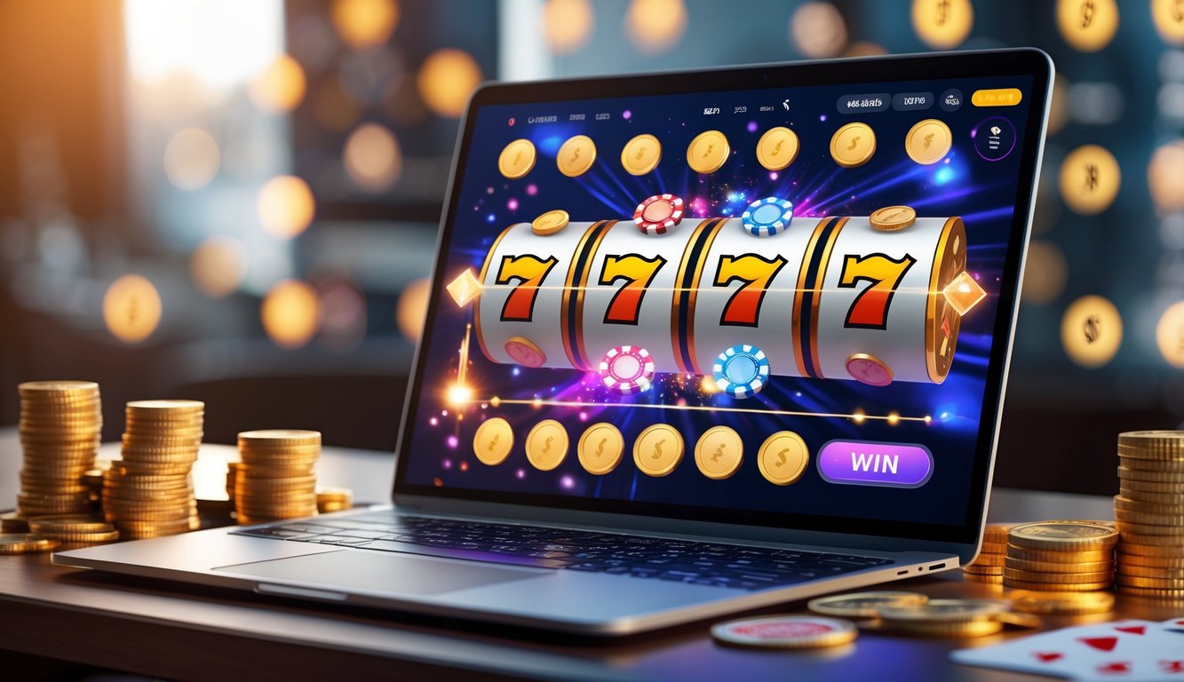 Seorang pemain menggunakan komputer dengan layar menampilkan permainan slot online yang menang, dikelilingi chip poker dan kartu di atas meja kayu.