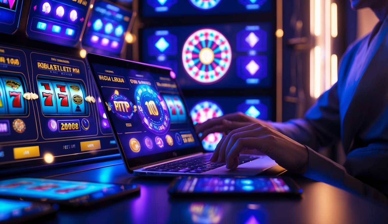 Seseorang menggunakan tablet di ruang tamu modern dengan layar menampilkan permainan kasino online yang berwarna-warni dan cerah.