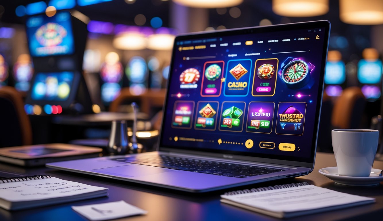 Seorang pengguna komputer di meja kerja modern dengan layar menampilkan permainan kasino online, dikelilingi catatan dan ponsel, suasana profesional dan fokus.