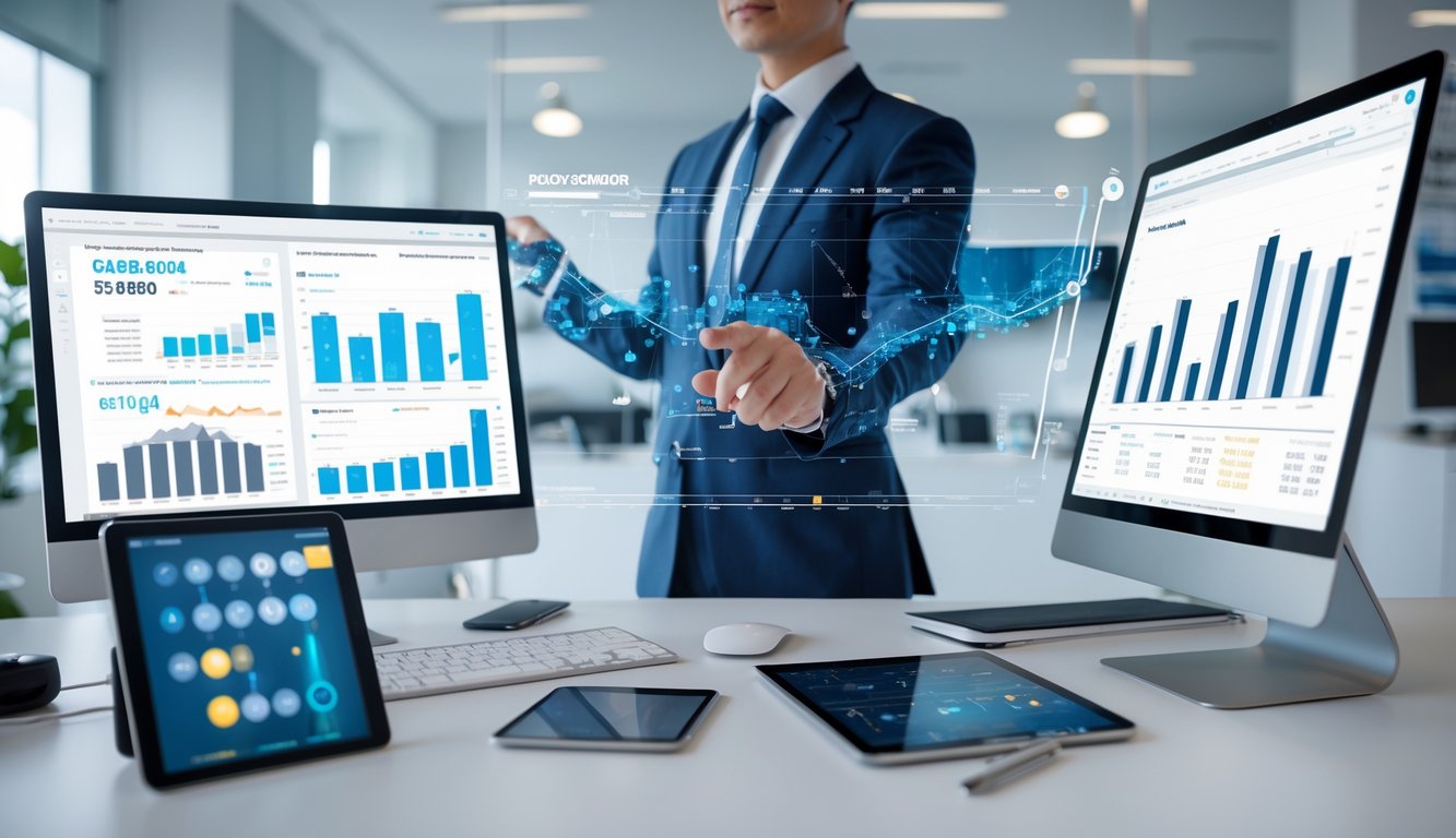 Seorang profesional sedang menganalisis data dan grafik pada beberapa layar komputer di ruang kerja modern.