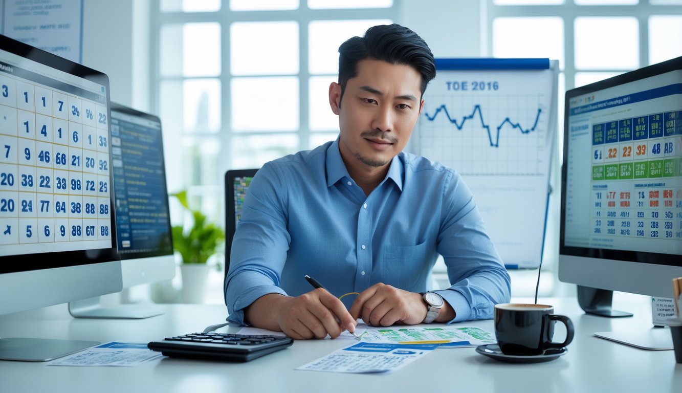 Seorang pria duduk di meja dengan beberapa layar komputer menampilkan angka togel dan grafik, sedang menganalisis data dengan serius di sebuah kantor yang terang.