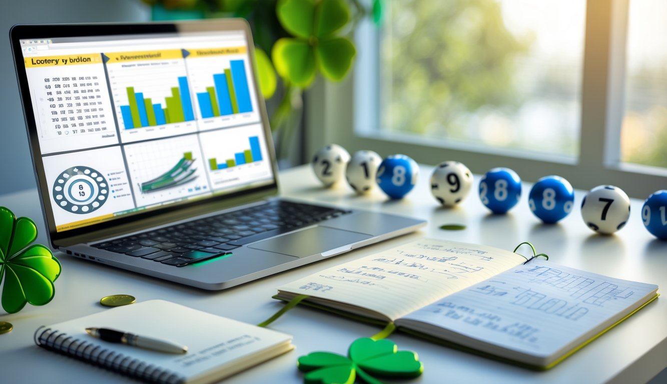 Meja kerja modern dengan laptop menampilkan grafik prediksi angka togel, buku catatan dengan tips, dan bola togel serta simbol keberuntungan di sekitarnya.