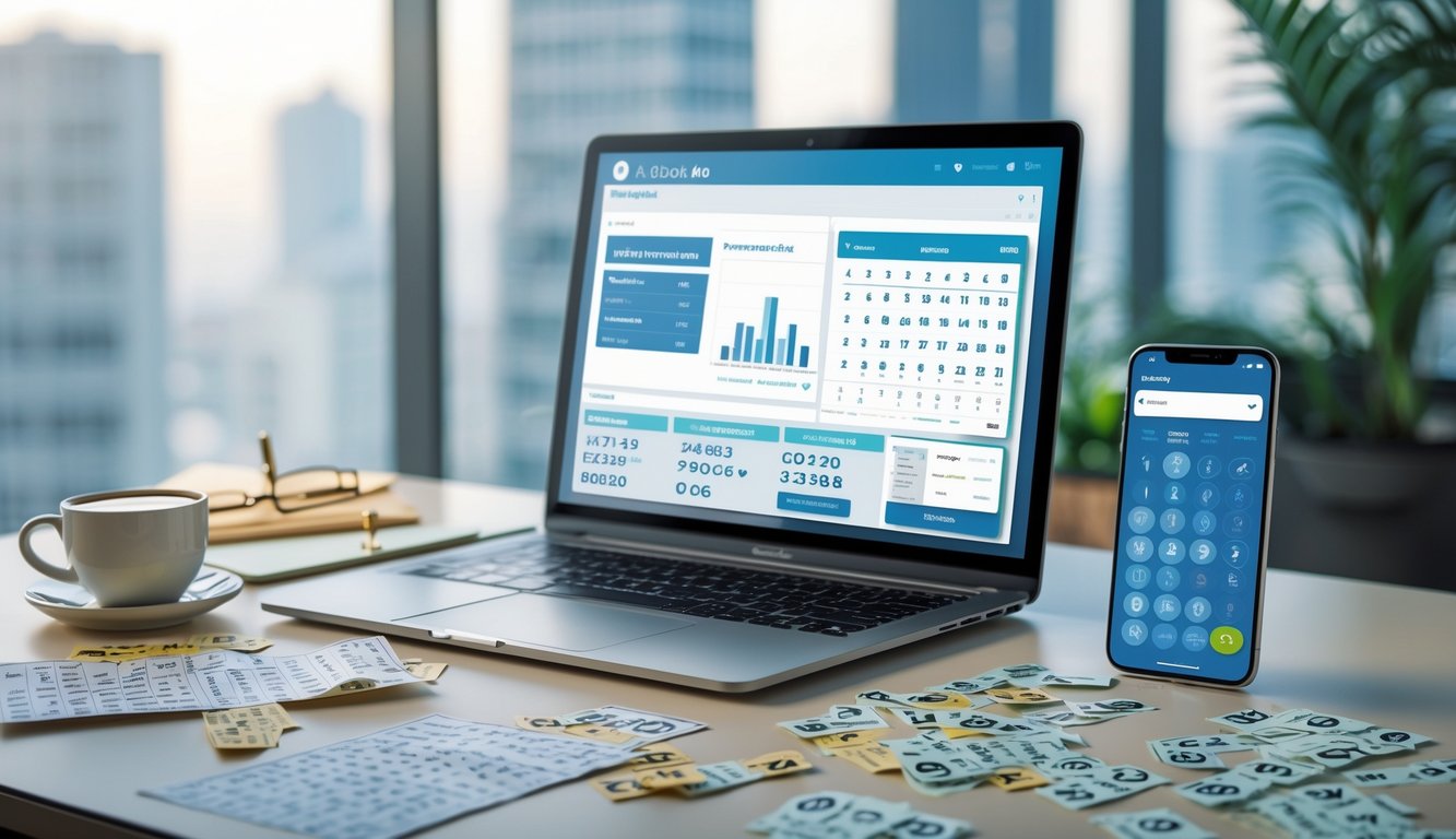 Meja kerja modern dengan laptop, ponsel menampilkan aplikasi lotre, tiket lotre tersebar, dan jendela besar dengan pemandangan kota di latar belakang.