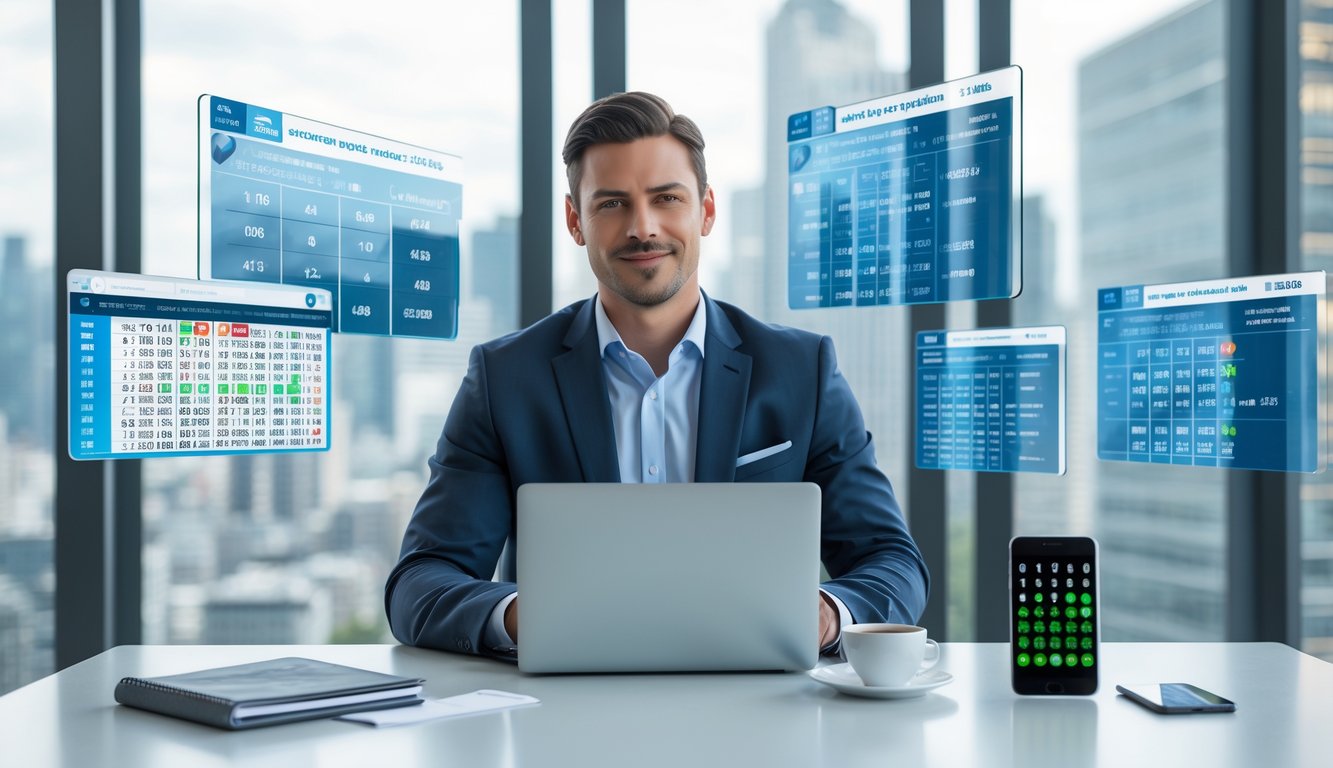 Seorang pria percaya diri duduk di meja kantor modern dengan laptop dan layar digital yang menampilkan hasil lotere, fokus menganalisis data di ruang dengan pemandangan kota.