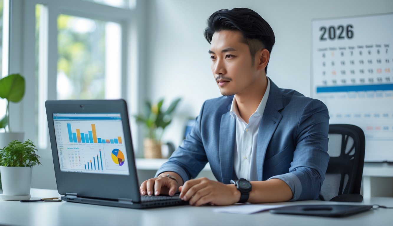 Seorang pria muda duduk di meja kantor modern, fokus melihat layar laptop dengan grafik dan data, suasana terang dan rapi.