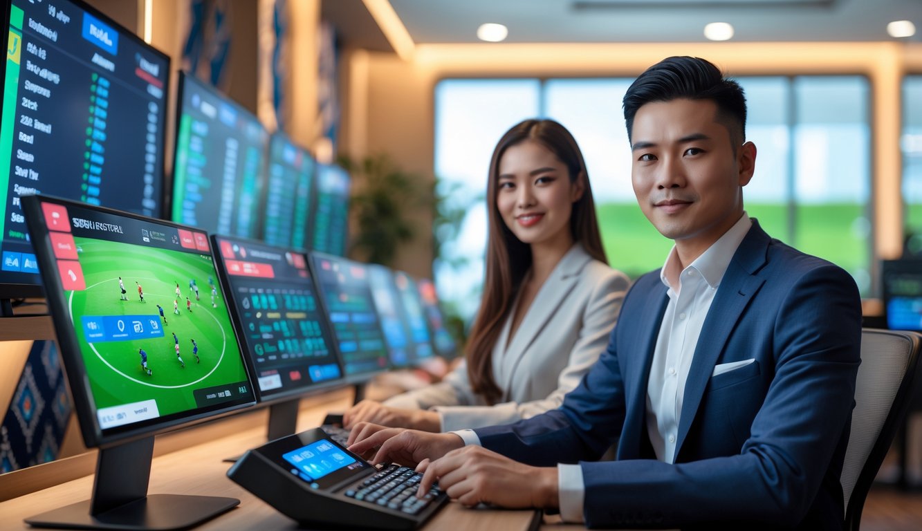 Seorang pria dan wanita muda duduk di depan terminal taruhan digital dengan layar yang menampilkan statistik pertandingan sepak bola, di dalam ruangan bergaya modern dengan elemen budaya Indonesia.