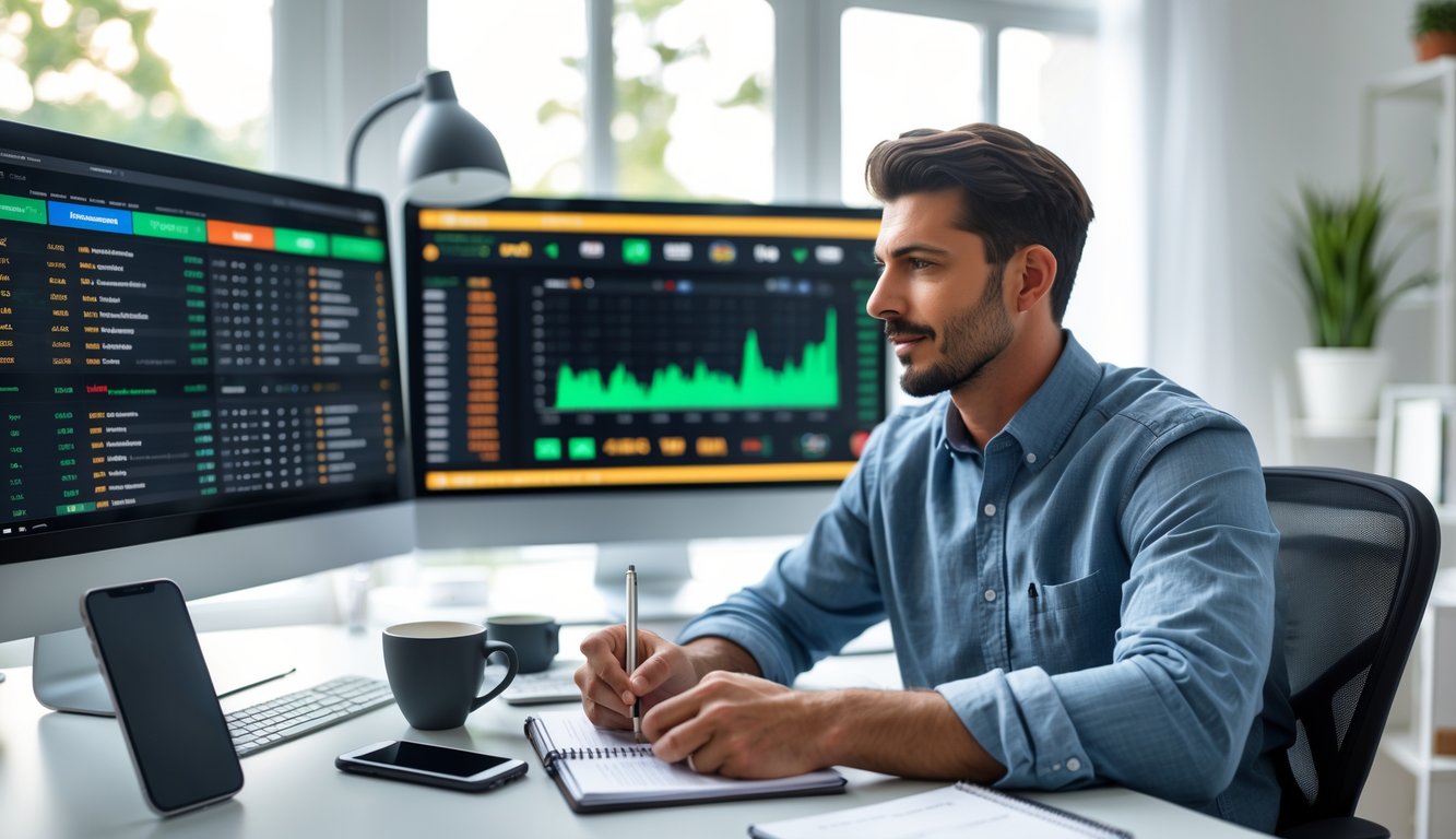 Seorang pria muda duduk di meja dengan beberapa layar komputer yang menampilkan statistik pertandingan sepak bola dan peluang taruhan, sedang menganalisis data di ruang kerja yang terang.