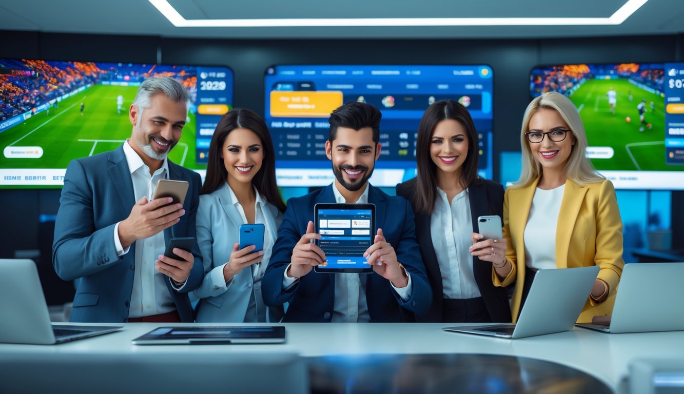 Sekelompok orang menggunakan perangkat digital untuk memasang taruhan olahraga di lingkungan modern dengan layar besar yang menampilkan pertandingan sepak bola.