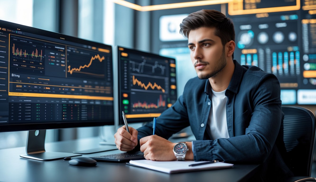 Seorang pria muda duduk di meja dengan beberapa layar komputer menampilkan data taruhan olahraga, sedang menganalisis dengan serius di kantor modern.