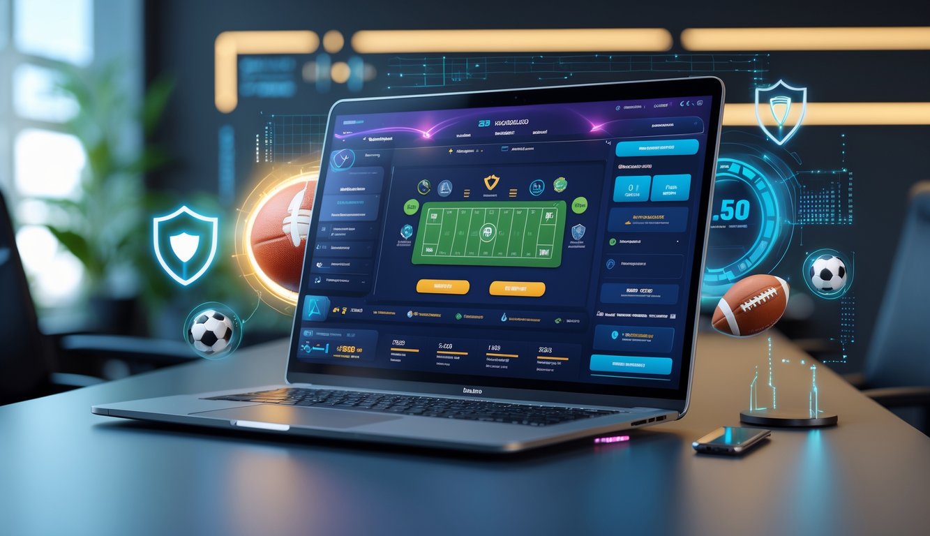 Seorang profesional sedang bekerja di depan laptop dengan tampilan antarmuka taruhan olahraga online dan ikon keamanan di ruang kantor modern.
