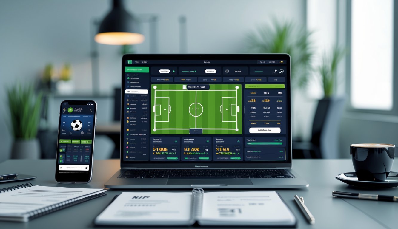 Meja kerja modern dengan laptop yang menampilkan antarmuka taruhan sepak bola online, smartphone, catatan strategi, dan secangkir kopi di lingkungan kantor yang terang dan rapi.