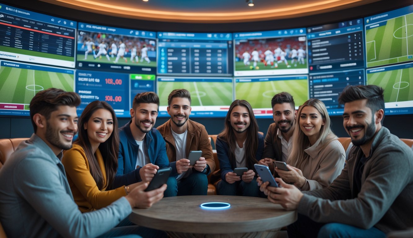 Sekelompok orang muda sedang menikmati pertandingan sepak bola secara online di sebuah ruang modern dengan layar besar dan perangkat digital.