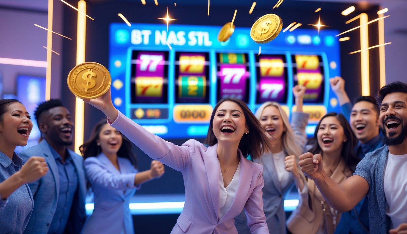 Sekelompok orang yang gembira merayakan kemenangan jackpot pada platform taruhan online dengan latar belakang tampilan digital yang cerah dan modern.