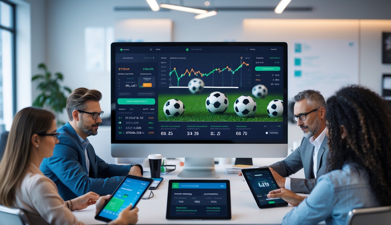 Orang-orang sedang melihat layar komputer dengan grafik taruhan sepak bola dan berdiskusi di ruang kantor modern.