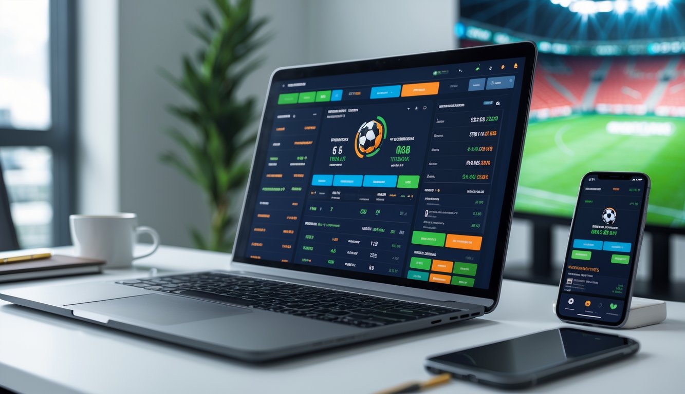 Meja kerja modern dengan laptop dan ponsel yang menampilkan aplikasi taruhan olahraga, dikelilingi alat tulis dan secangkir kopi.