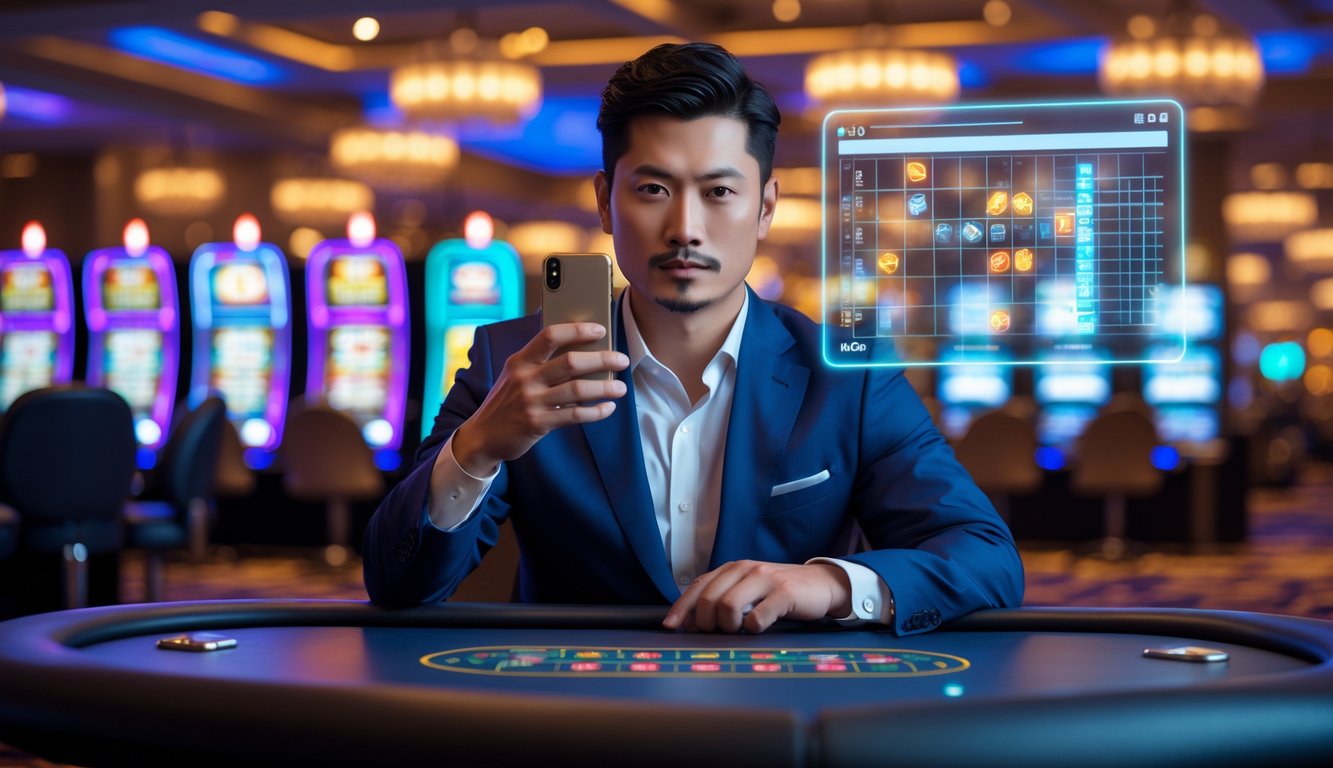Seorang pria Asia berpakaian rapi duduk di meja kasino mewah dengan mesin slot dan meja permainan di latar belakang, sedang melihat layar digital transparan sambil memegang ponsel.