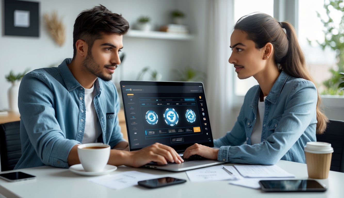 Dua orang dewasa muda duduk di meja kerja dengan laptop, fokus pada aktivitas online di ruang kantor rumah yang terang dan rapi.