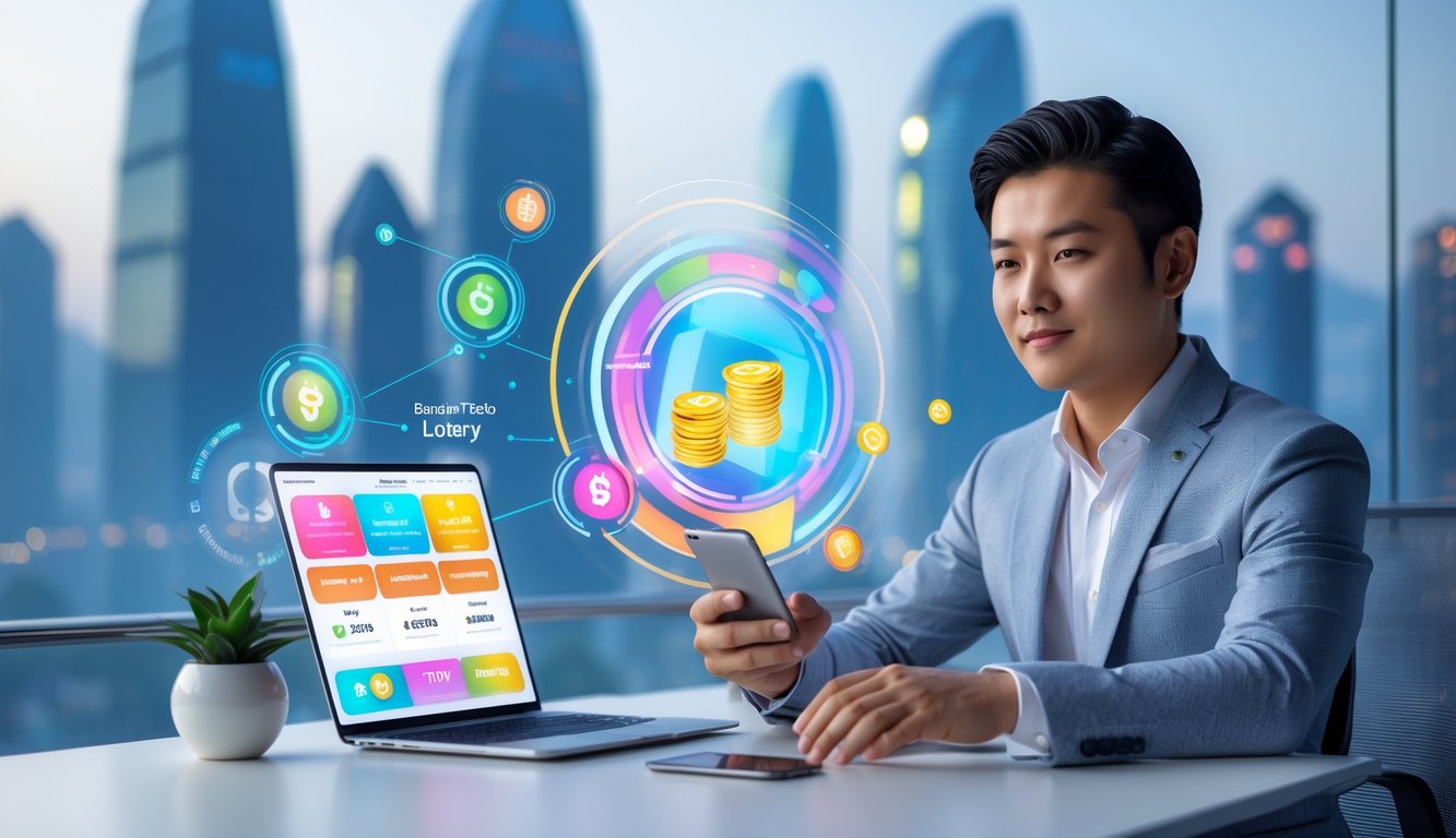 Seorang pria muda duduk di meja dengan laptop dan ponsel, menampilkan grafik digital terkait lotere dan keamanan, dengan latar belakang kota Macau.