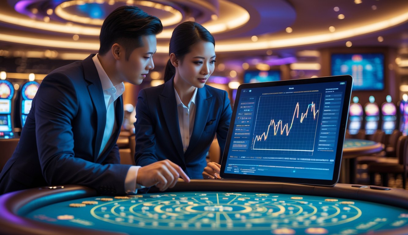 Seorang pria dan wanita berpakaian rapi berdiskusi dengan tablet digital di kasino modern yang ramai di Macau.