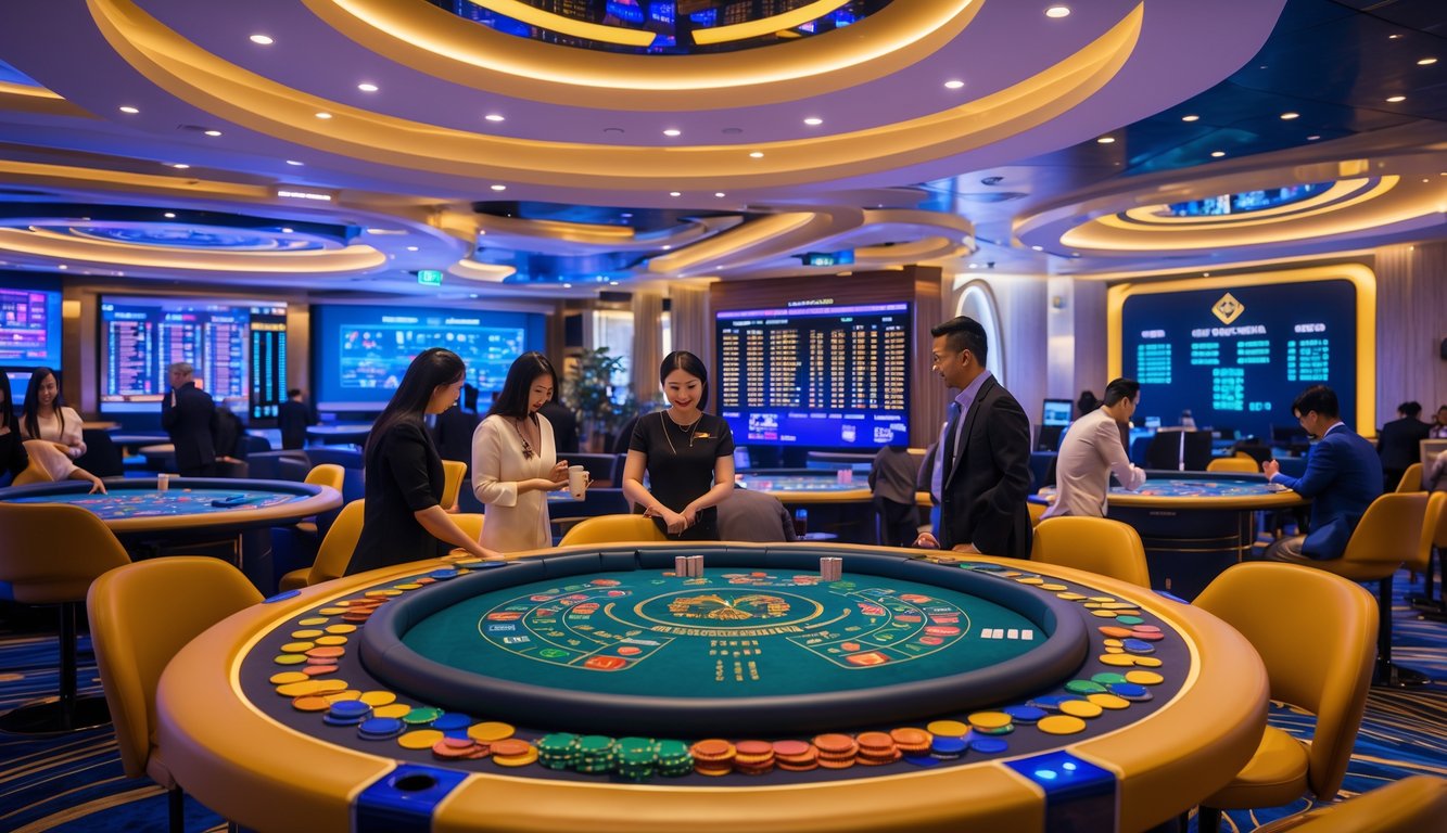 Suasana kasino modern dengan meja permainan, chip warna-warni, layar digital, dan orang-orang yang sedang bermain dan berdiskusi.