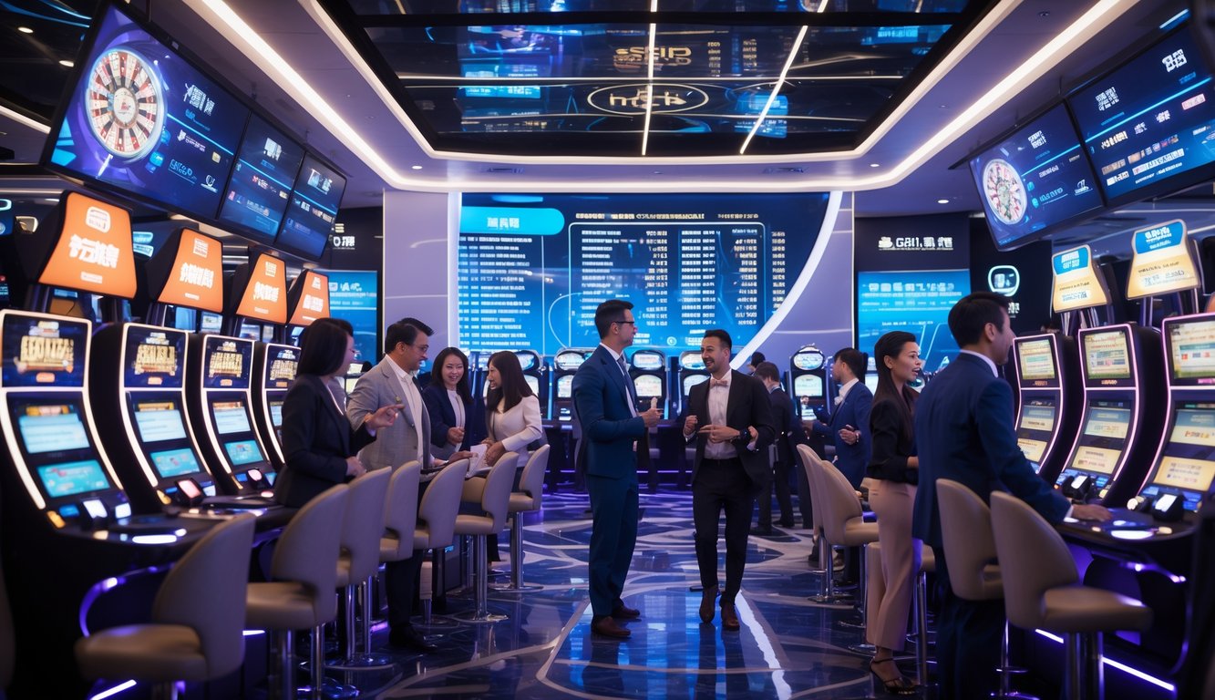 Suasana kasino modern dengan orang-orang bermain mesin judi dan terminal taruhan, menampilkan pencahayaan cerah dan layar digital di latar belakang.