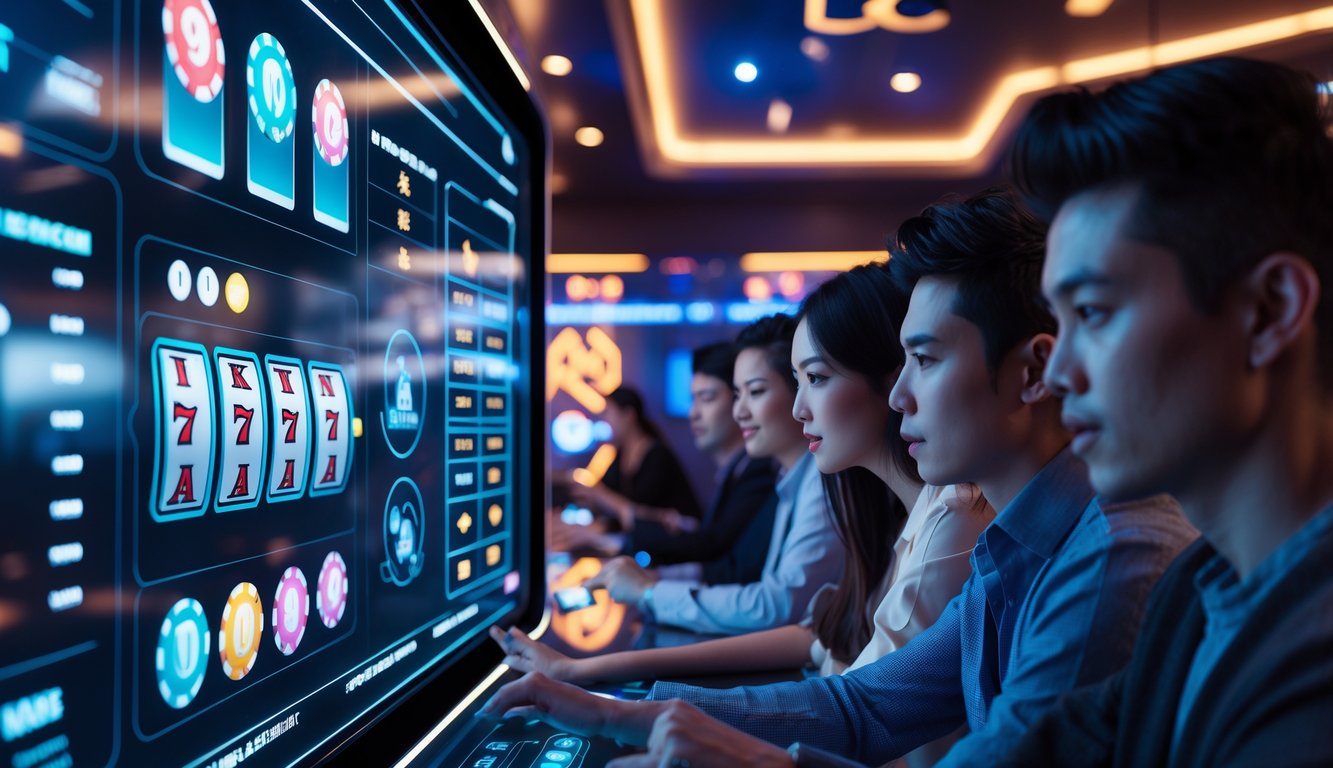 Sekelompok orang muda sedang menggunakan layar sentuh digital di ruangan dengan lampu neon, menampilkan suasana kasino modern yang futuristik.