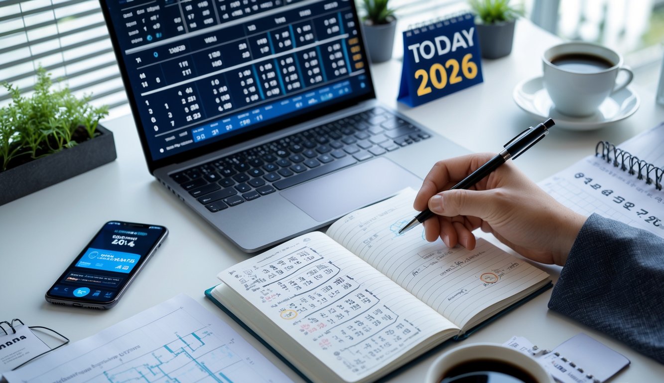 Meja kerja modern dengan laptop menampilkan data angka dan grafik, tangan memegang pena di atas buku catatan, serta smartphone dan kalender di sekitarnya.