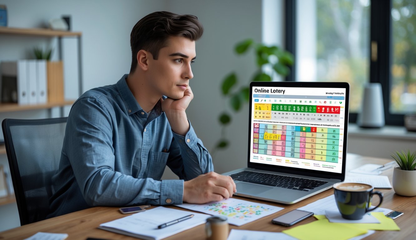 Seorang dewasa muda duduk di meja kerja dengan laptop dan catatan, terlihat fokus mempelajari strategi togel online.