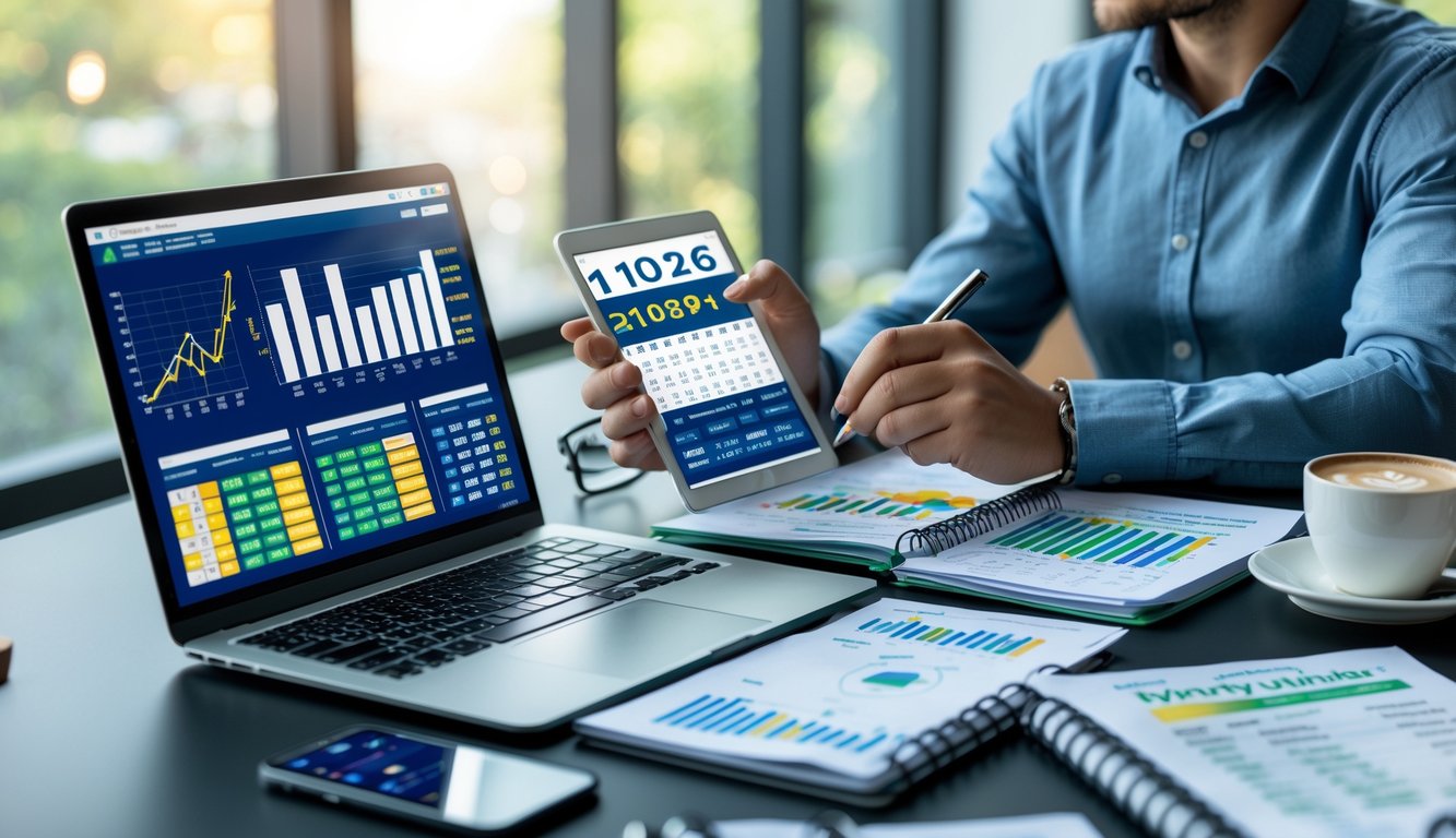 Seseorang sedang menganalisis data statistik di meja kerja dengan laptop, tablet, dan smartphone, dikelilingi oleh laporan dan catatan.