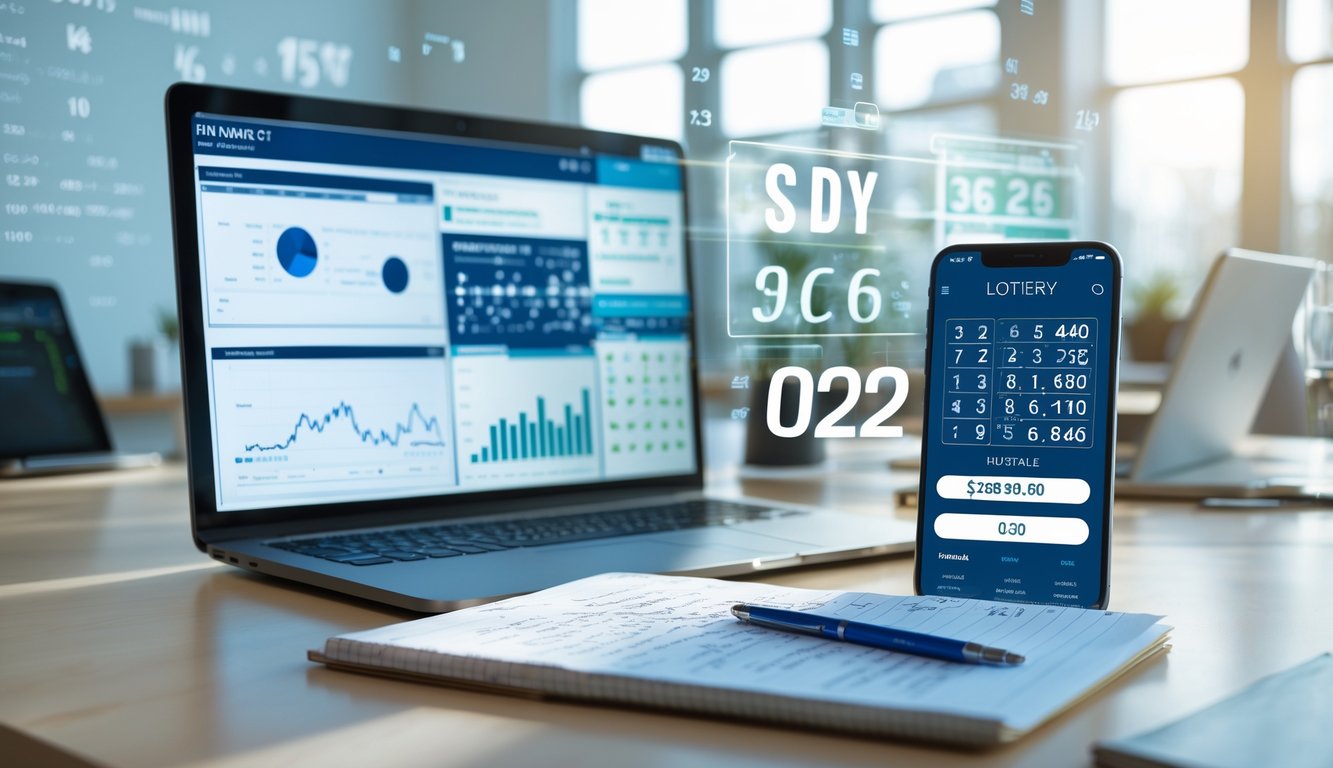 Meja kerja modern dengan laptop, ponsel, dan catatan yang menampilkan data angka togel dan grafik.