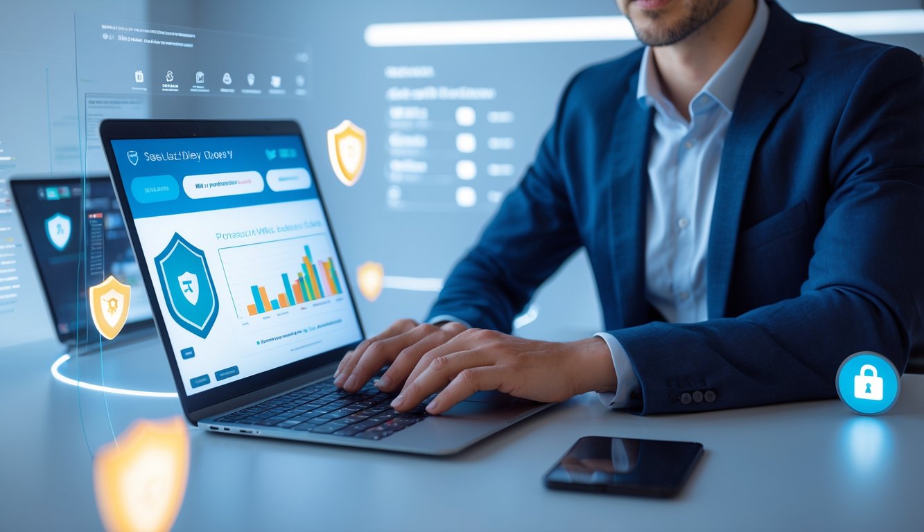 Seseorang menggunakan laptop di meja kerja modern dengan tampilan situs lotere online yang aman dan terpercaya.