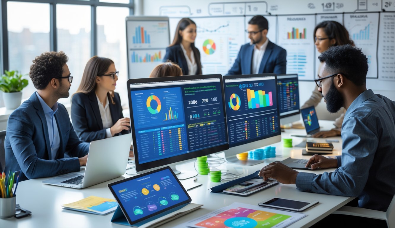 Sekelompok analis sedang bekerja dengan komputer dan grafik data di ruang kantor modern untuk memprediksi hasil togel online tahun 2026.