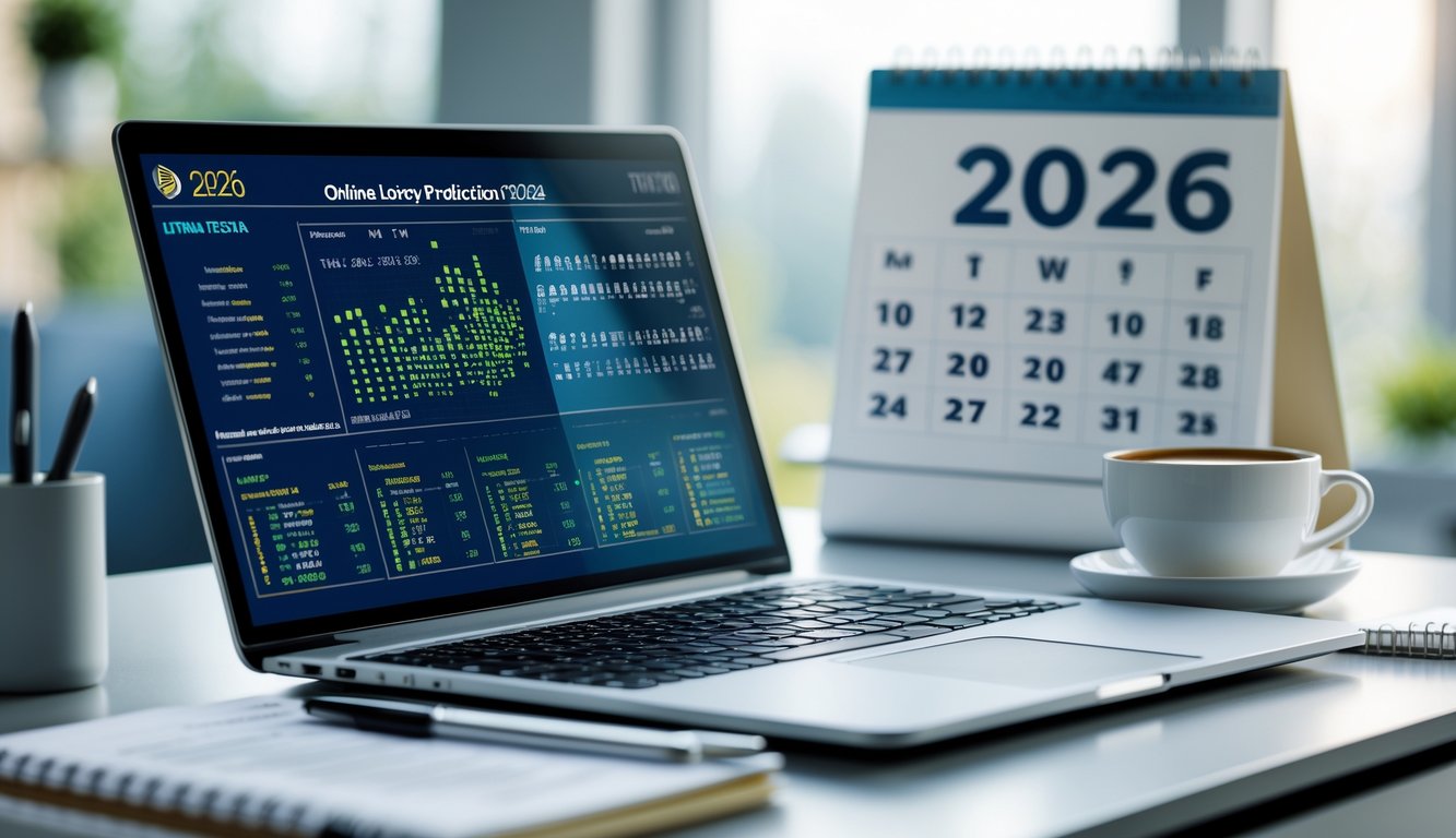 Meja kerja modern dengan laptop yang menampilkan data angka dan grafik, buku catatan, dan secangkir kopi di dekatnya.