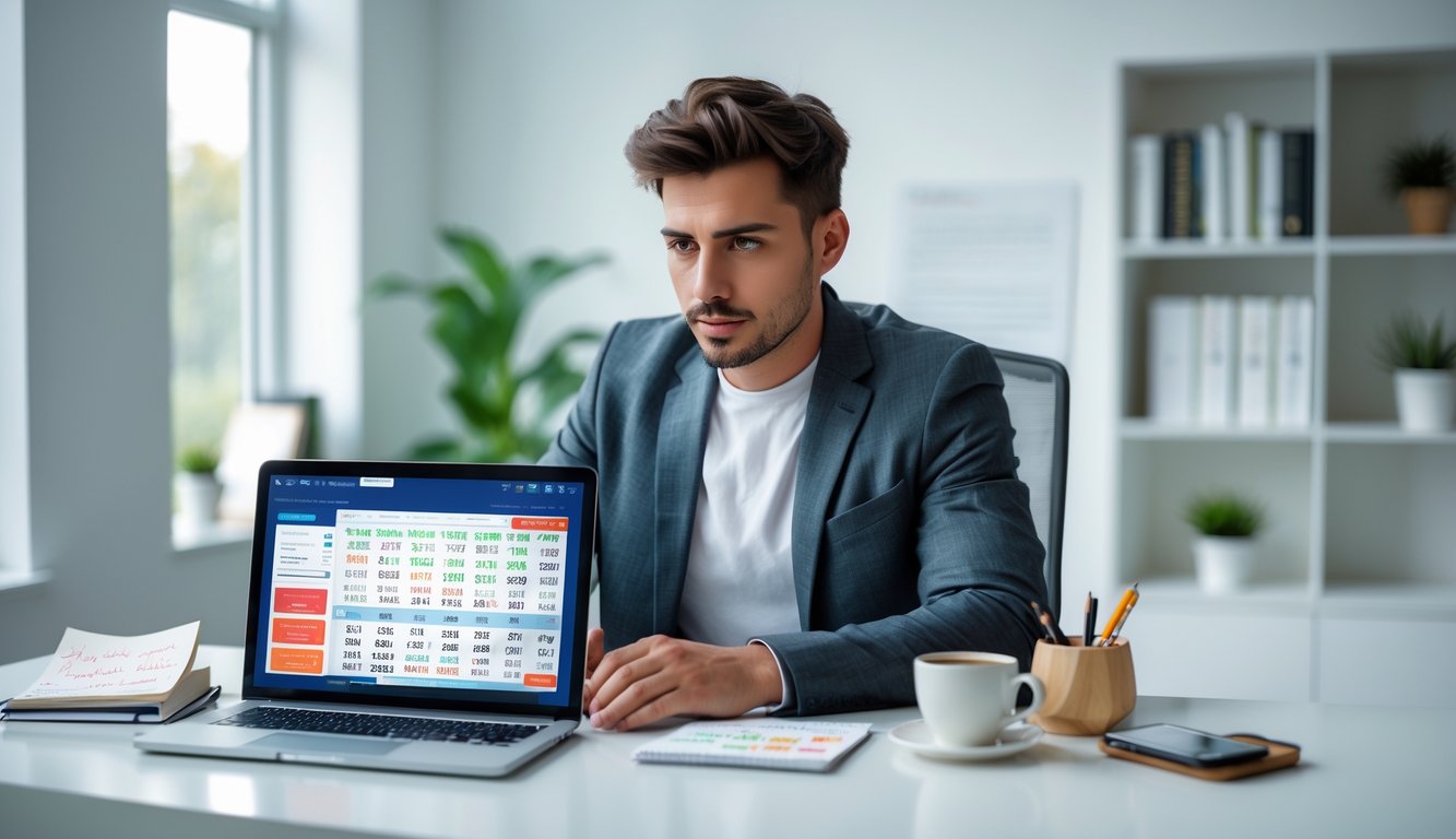 Seorang pria muda duduk di meja kerja dengan laptop dan catatan, sedang fokus menganalisis data di ruang kerja yang rapi.