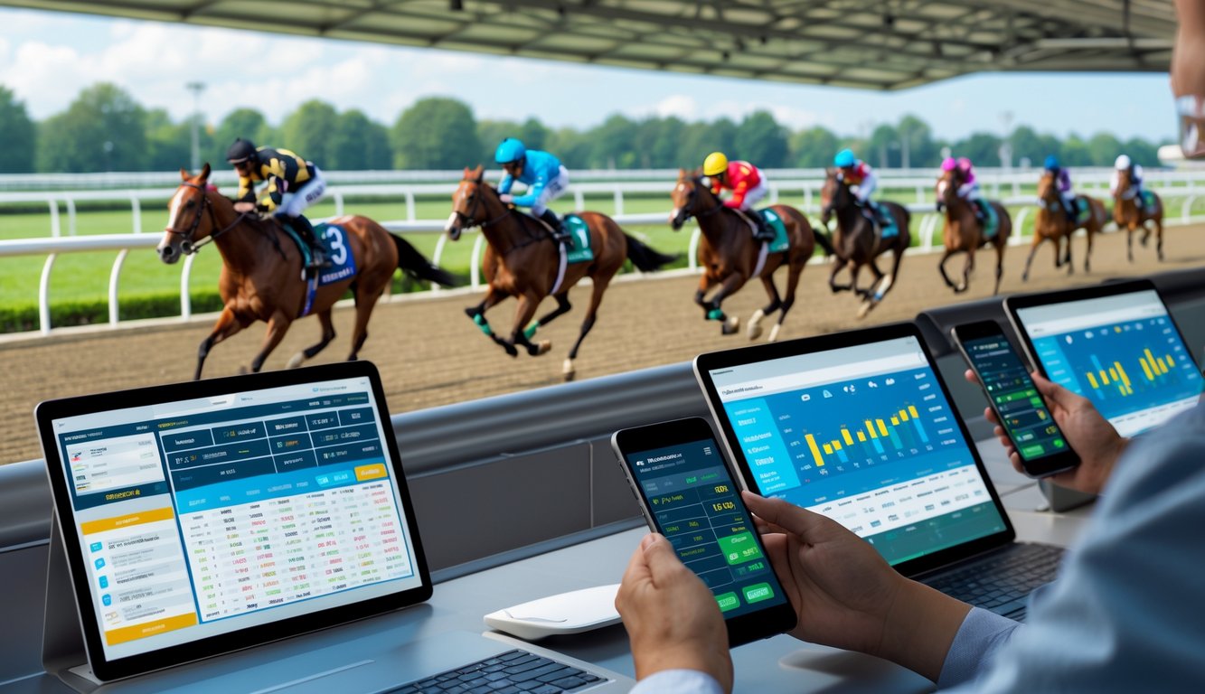 Orang-orang sedang memasang taruhan pada balapan kuda dengan kuda dan joki yang sedang berlomba di latar belakang.