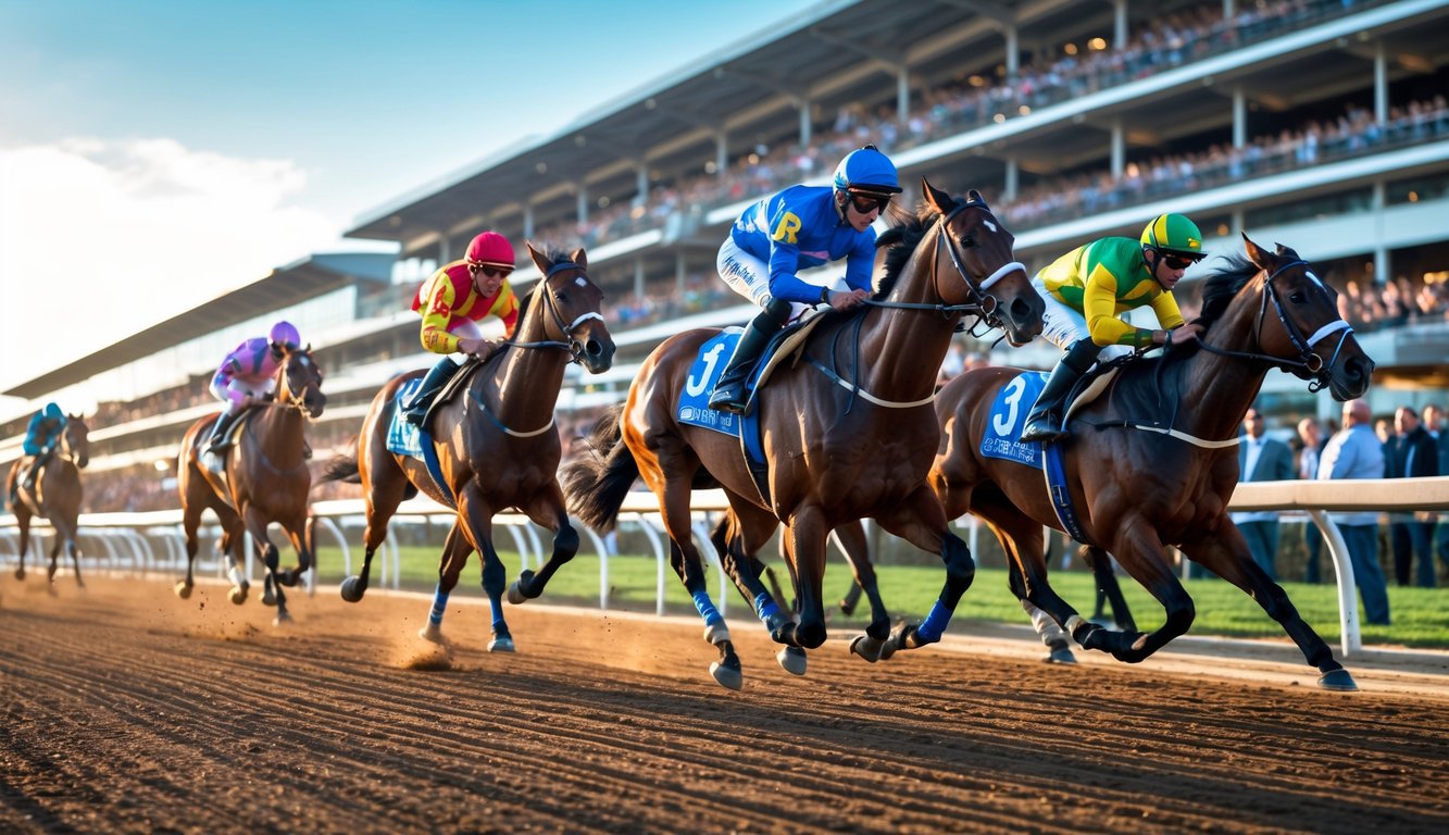 Beberapa kuda pacu dengan joki sedang berlari cepat di lintasan balap kuda dengan penonton di tribun.